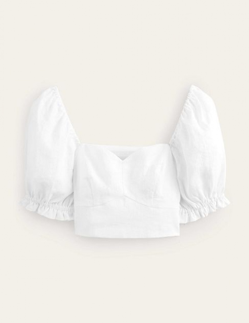 White Women's Boden Sweetheart Linen Cropped Tops | 58492IYQO