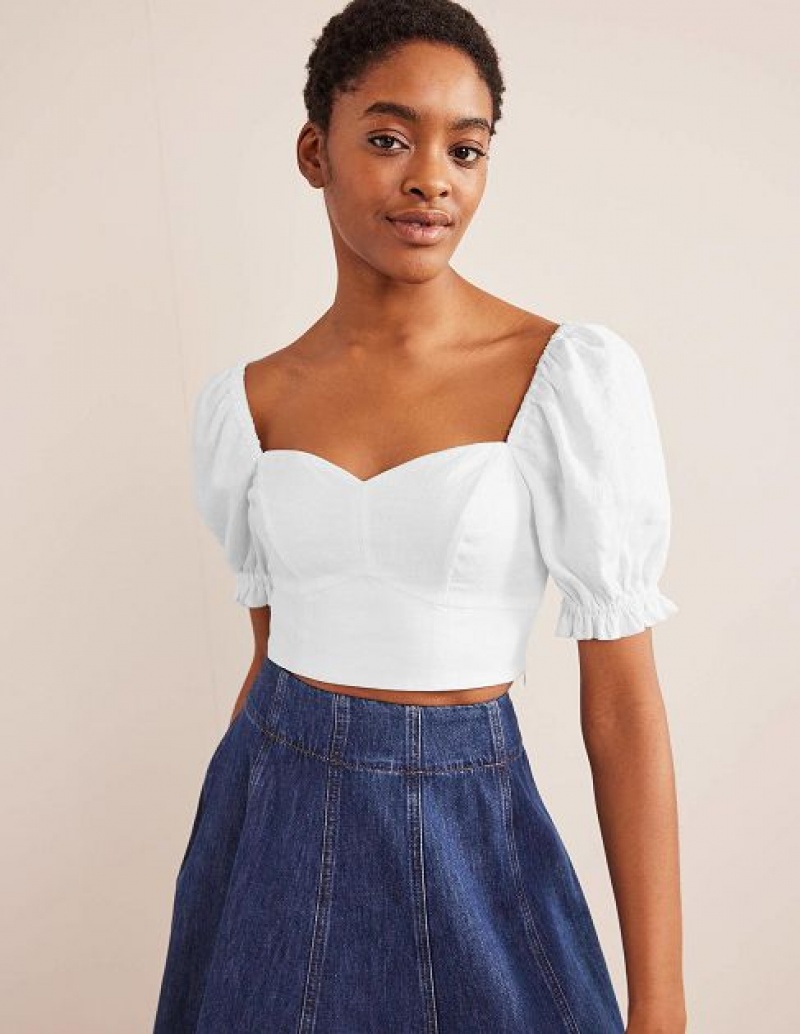 White Women\'s Boden Sweetheart Linen Cropped Tops | 58492IYQO