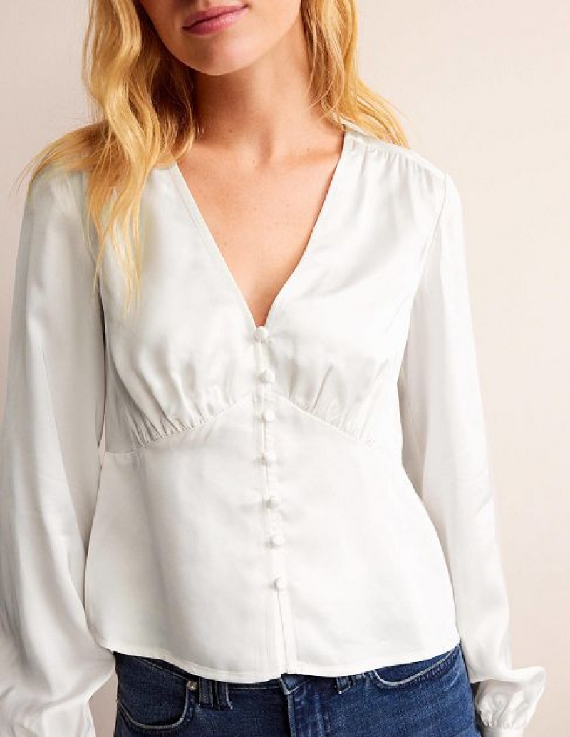 White Women's Boden V-neck Rouleaux Button Tops | 84715HFRL