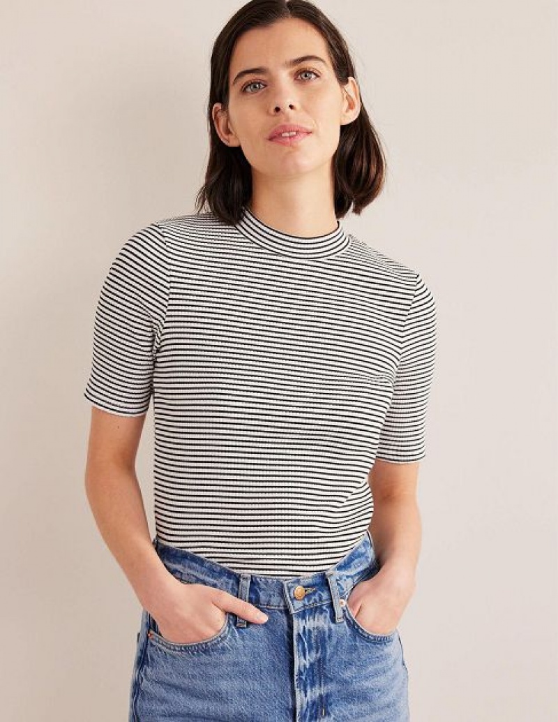 White / Black Stripes Women's Boden High Neck Ribbed Tops | 98031ADGQ