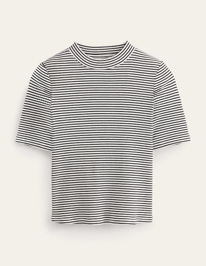 White / Black Stripes Women's Boden High Neck Ribbed Tops | 98031ADGQ