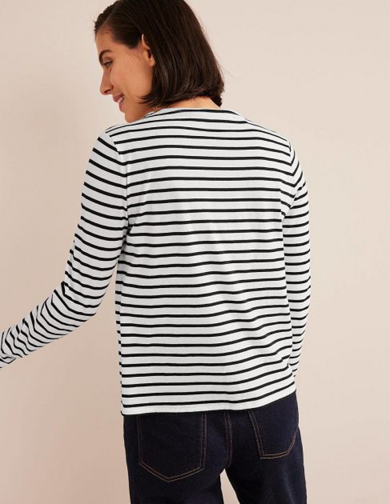 White / Black Women's Boden Bea Long Sleeve Breton T-Shirt | 65938CVEA