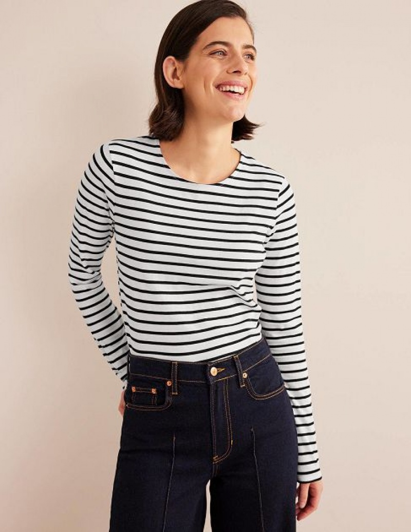 White / Black Women's Boden Bea Long Sleeve Breton T-Shirt | 65938CVEA