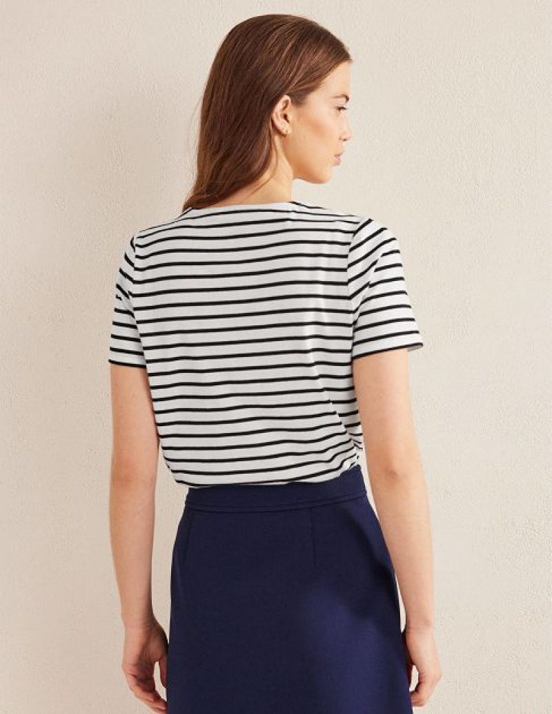 White / Black Women's Boden Bea Short Sleeve Breton T-Shirt | 69831SINT