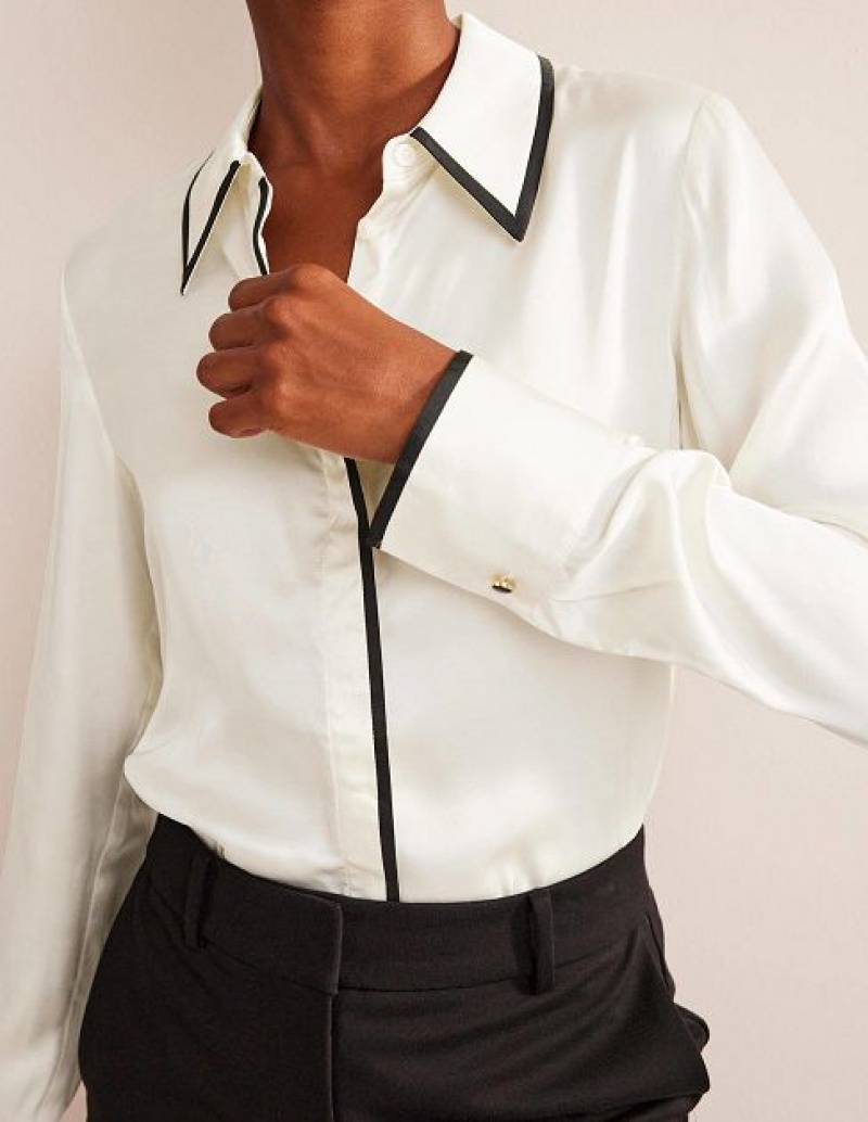 White / Black Women's Boden Straight Satin-tipped Shirts | 10658WLRM