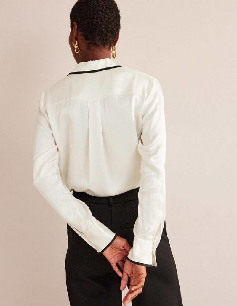 White / Black Women's Boden Straight Satin-tipped Shirts | 10658WLRM