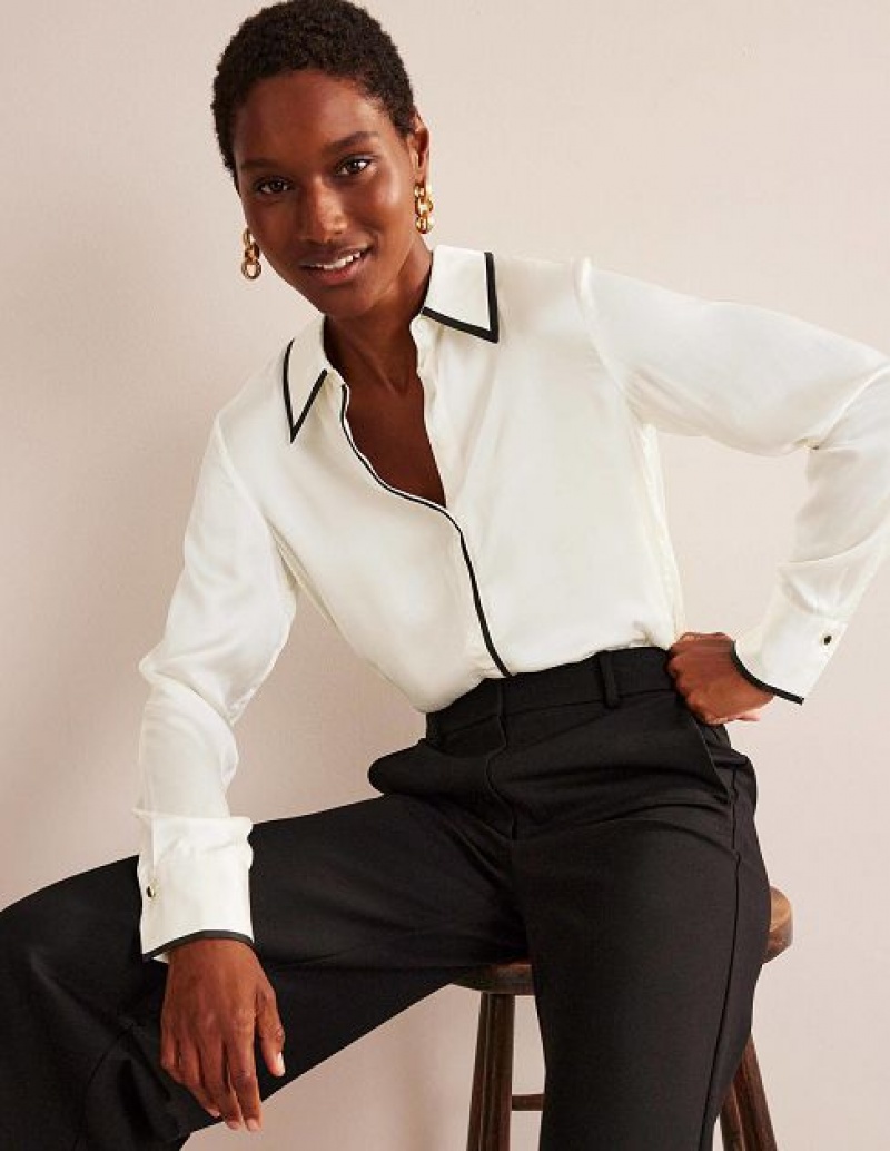 White / Black Women's Boden Straight Satin-tipped Shirts | 10658WLRM