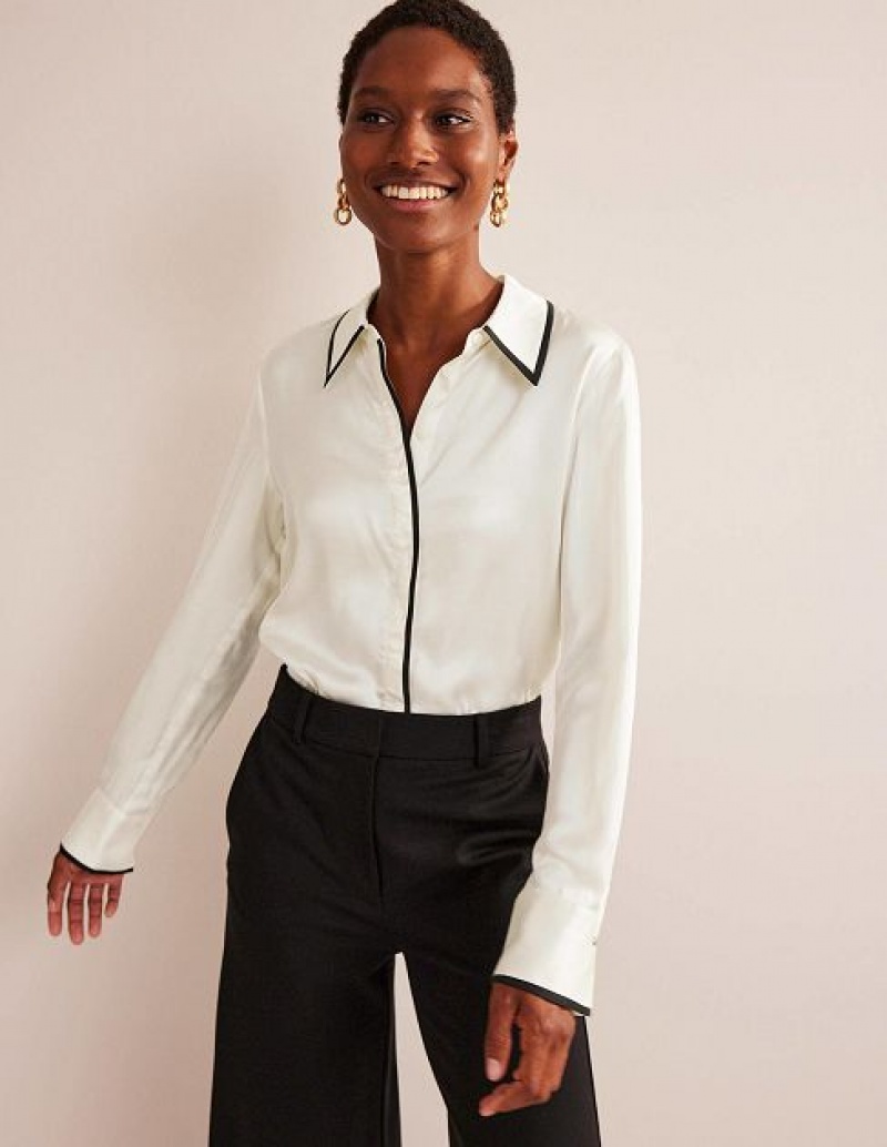 White / Black Women\'s Boden Straight Satin-tipped Shirts | 10658WLRM