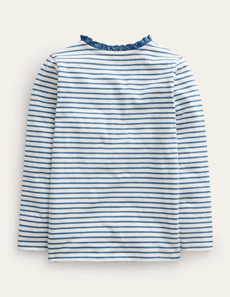 White / Blue Kids' Boden Henley Ruffle Breton Tops | 21497FZIB