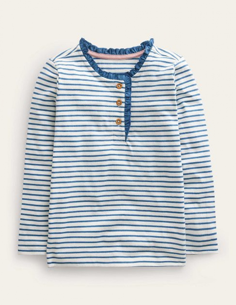 White / Blue Kids\' Boden Henley Ruffle Breton Tops | 21497FZIB