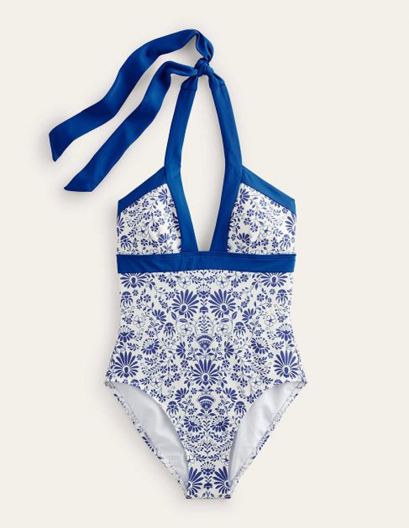 White / Blue Women's Boden Ithaca Halter Swimsuits | 93061MOCY