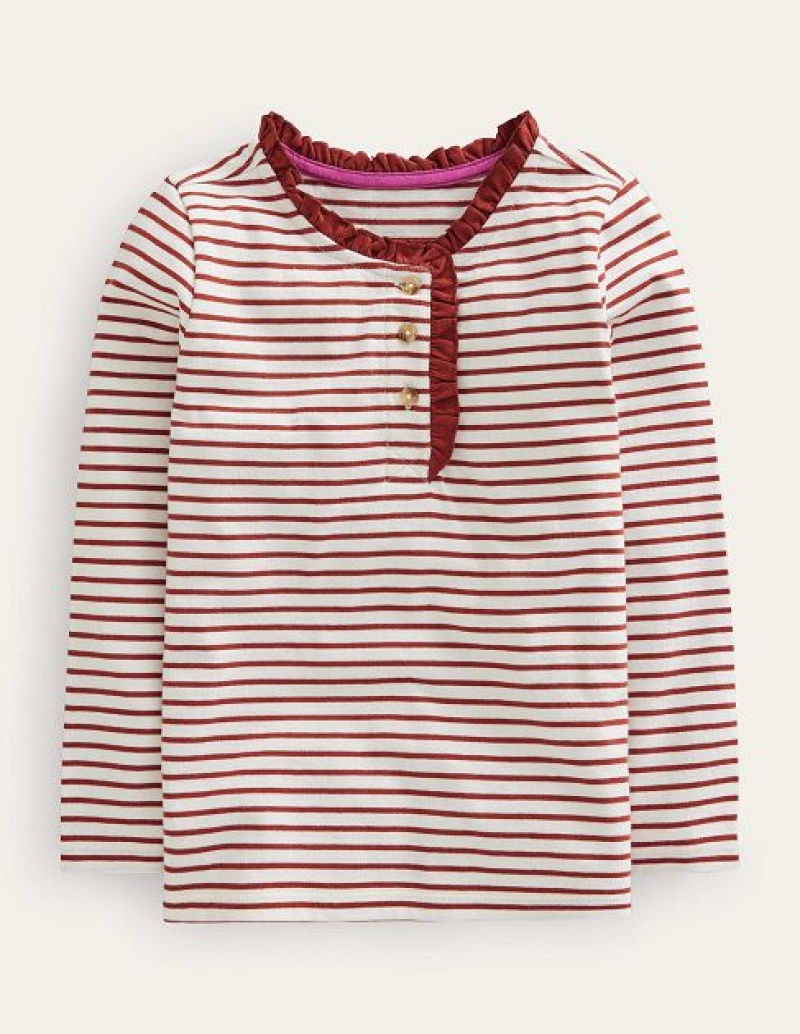 White / Brown Kids\' Boden Henley Ruffle Breton Tops | 54372FHPD