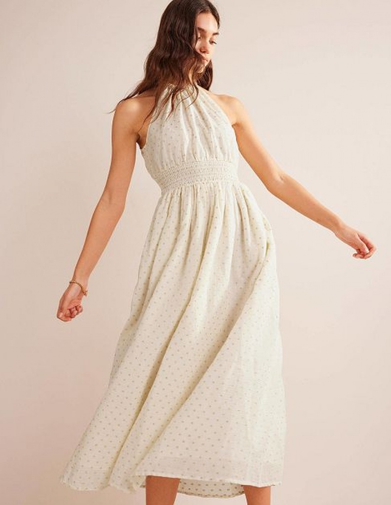 White / Gold Women's Boden Metallic Detail Maxi Dress | 47126MFIV