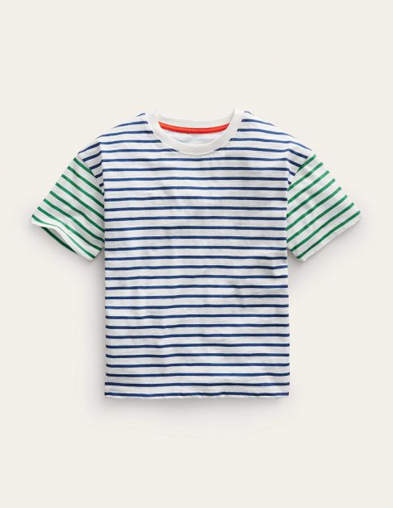 White / Navy Kids' Boden Boxy Short Sleeve Breton T-Shirt | 89703VWSH