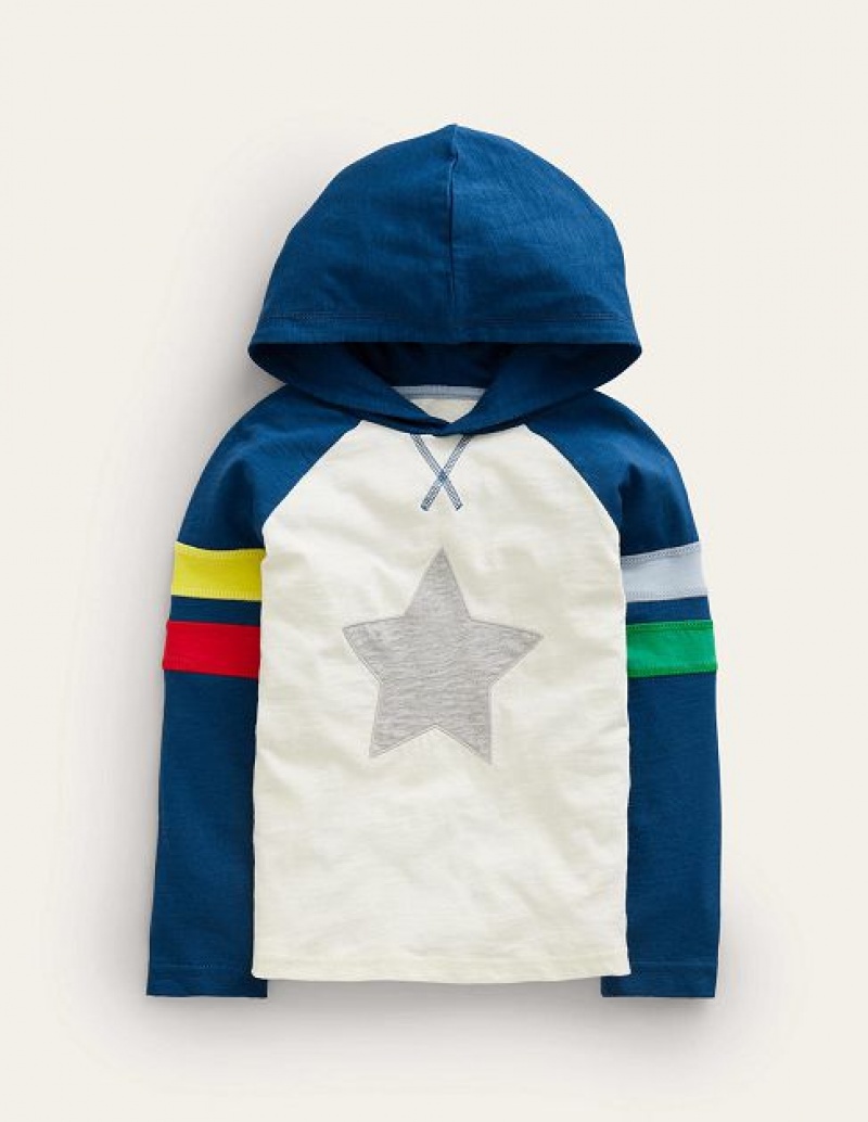 White / Navy Kids' Boden Hooded Logo Raglan T-Shirt | 76095NFXC