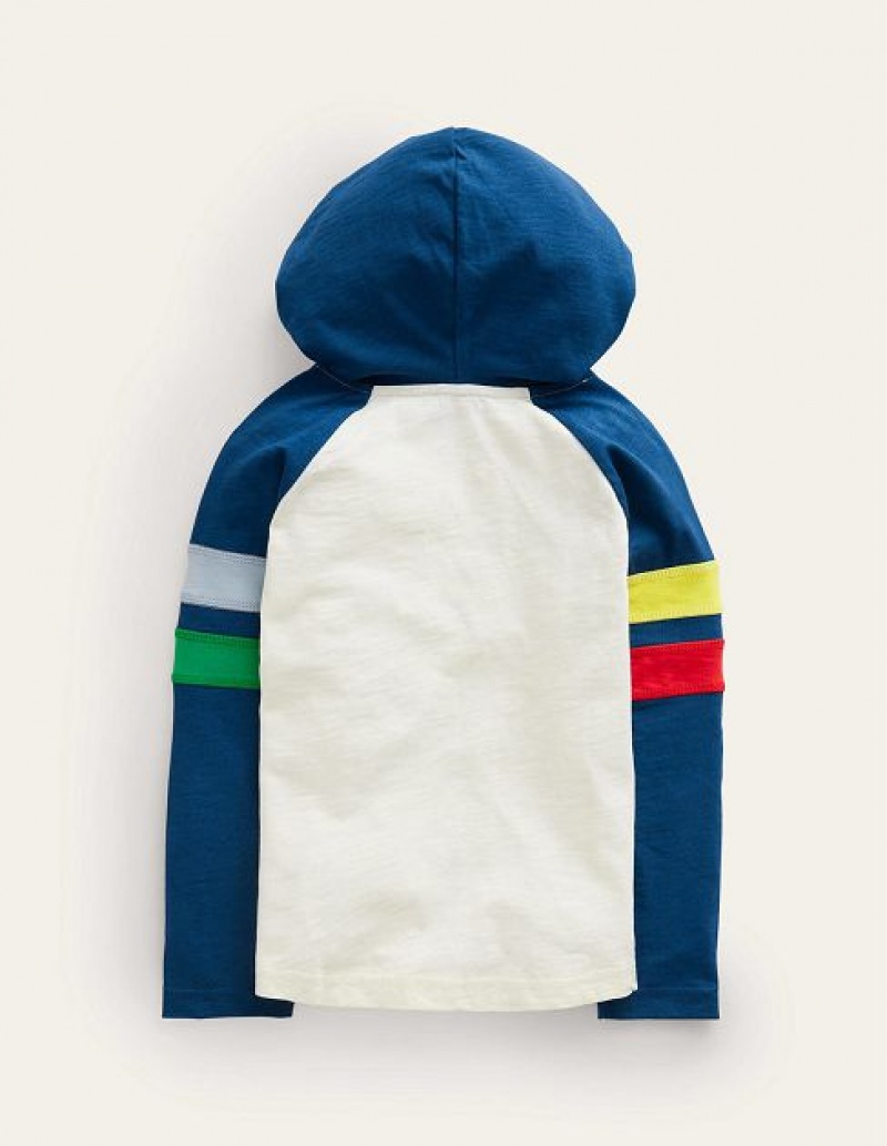 White / Navy Kids' Boden Hooded Logo Raglan T-Shirt | 76095NFXC