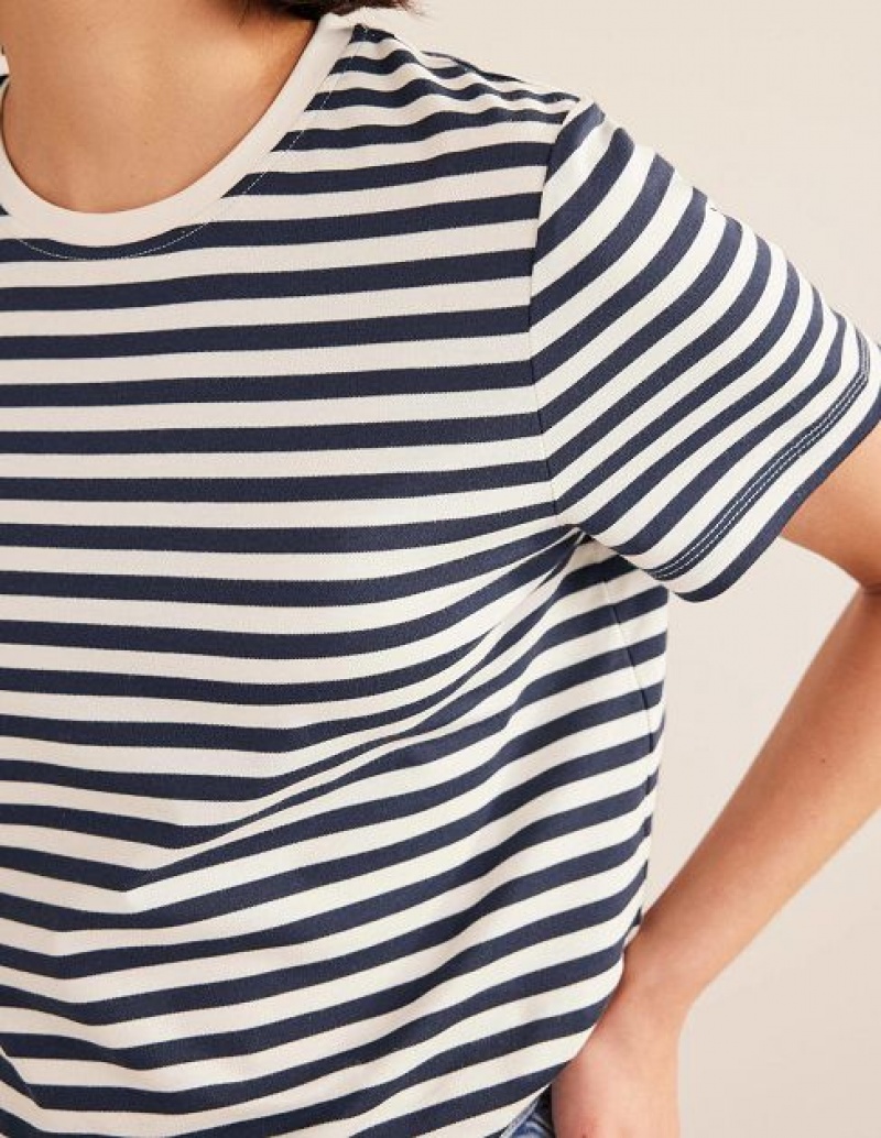 White / Navy Stripes Women's Boden Cotton Crew Neck T-Shirt | 54903XHQO