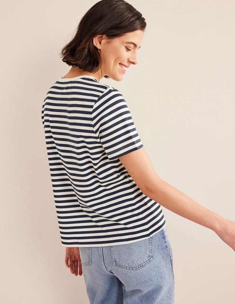 White / Navy Stripes Women's Boden Cotton Crew Neck T-Shirt | 54903XHQO