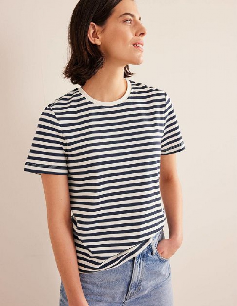 White / Navy Stripes Women's Boden Cotton Crew Neck T-Shirt | 54903XHQO