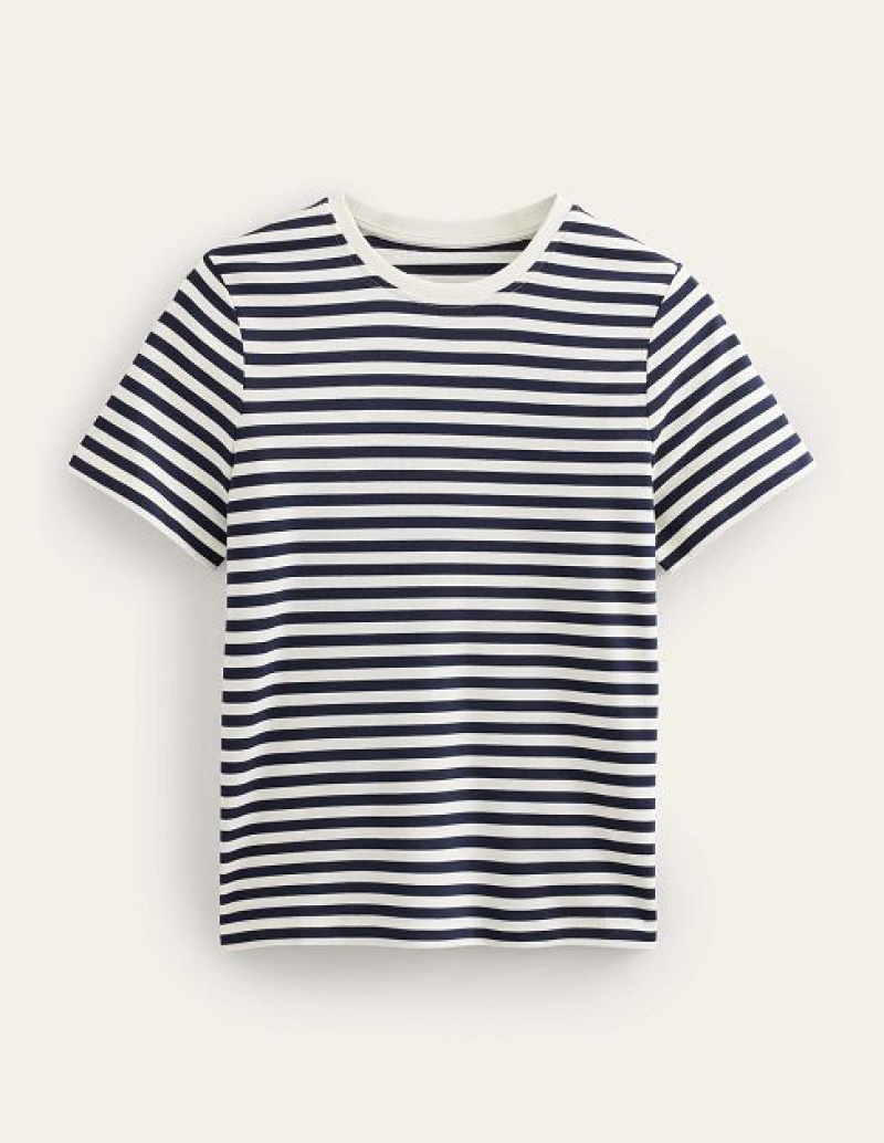 White / Navy Stripes Women's Boden Cotton Crew Neck T-Shirt | 54903XHQO