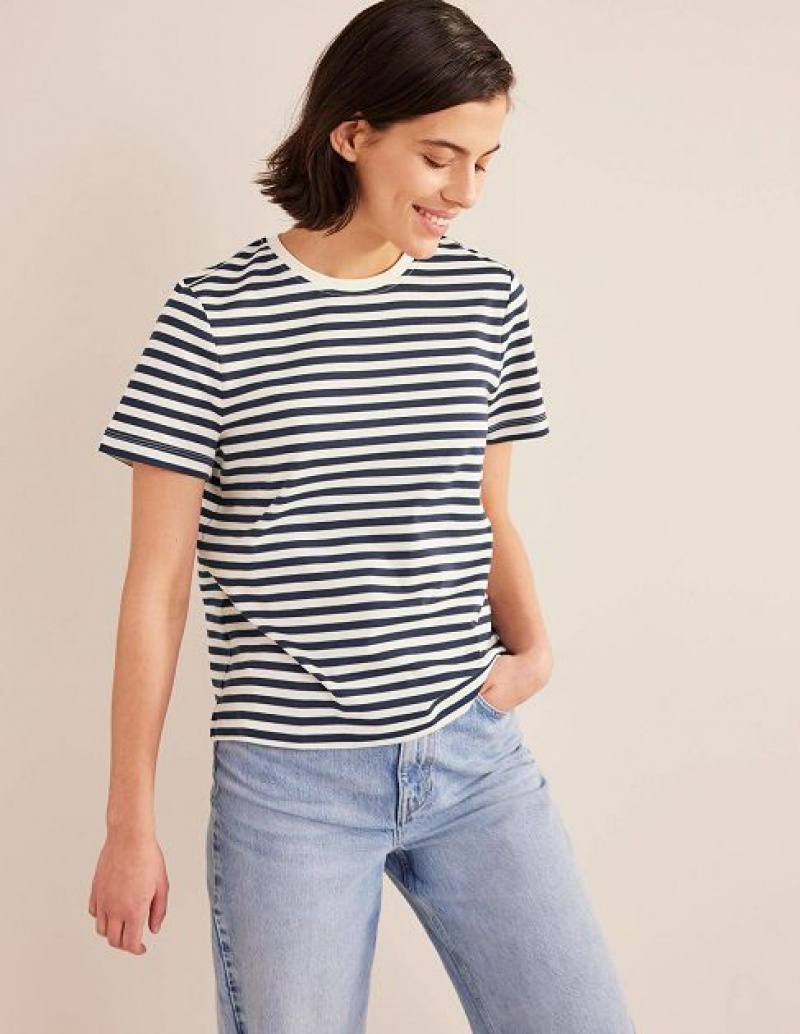 White / Navy Stripes Women\'s Boden Cotton Crew Neck T-Shirt | 54903XHQO