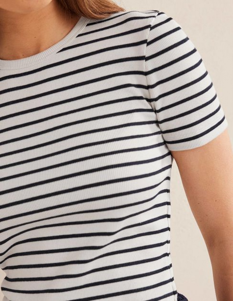 White / Navy Stripes Women's Boden Crew Neck Rib T-Shirt | 06853NEXZ