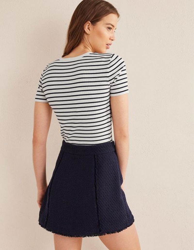 White / Navy Stripes Women's Boden Crew Neck Rib T-Shirt | 06853NEXZ