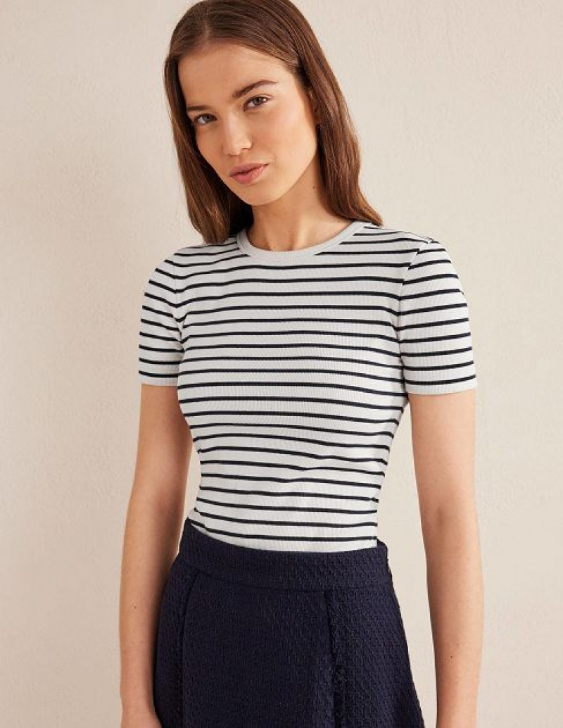 White / Navy Stripes Women's Boden Crew Neck Rib T-Shirt | 06853NEXZ