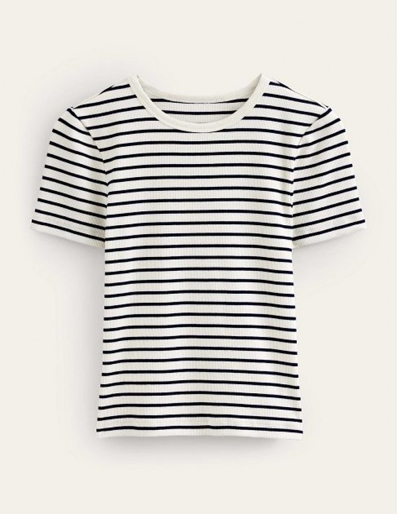 White / Navy Stripes Women's Boden Crew Neck Rib T-Shirt | 06853NEXZ