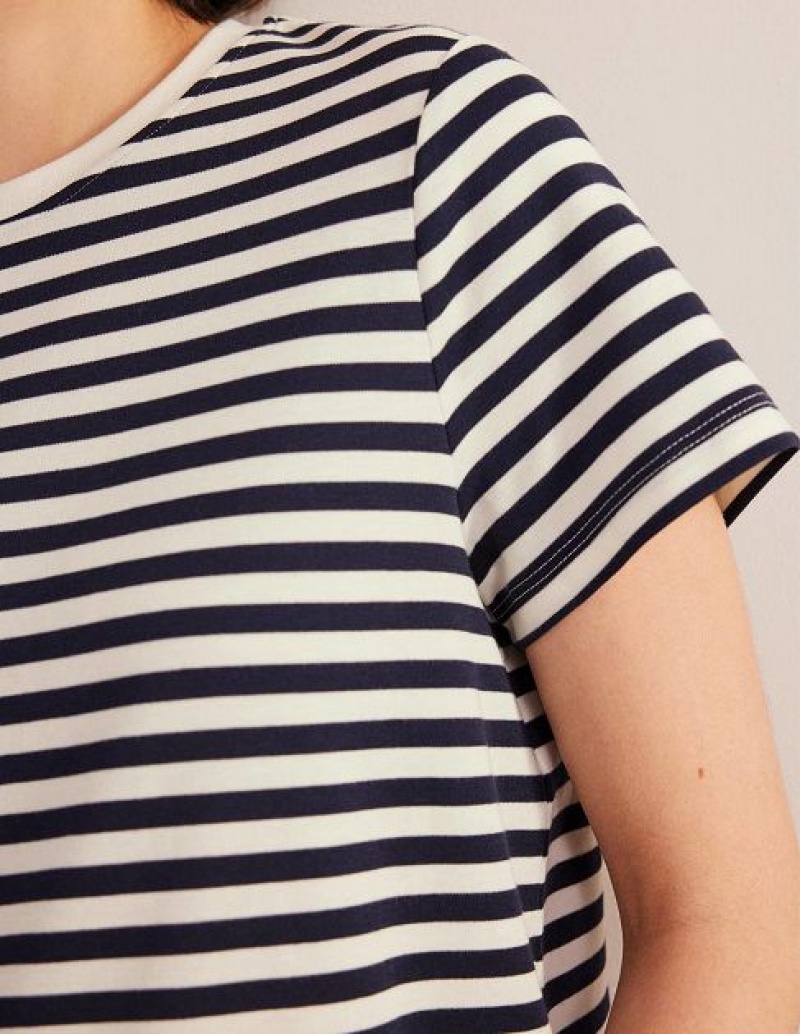 White / Navy Stripes Women's Boden Cropped Cotton T-Shirt | 20378EYQD