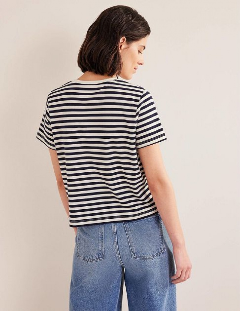 White / Navy Stripes Women's Boden Cropped Cotton T-Shirt | 20378EYQD