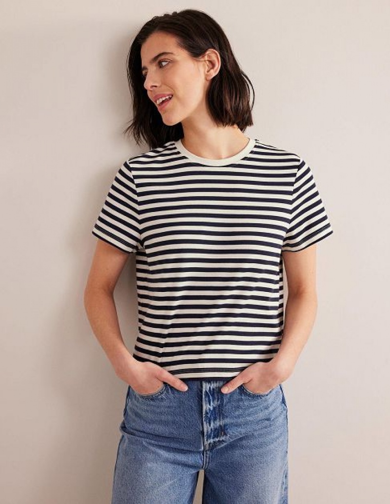 White / Navy Stripes Women's Boden Cropped Cotton T-Shirt | 20378EYQD