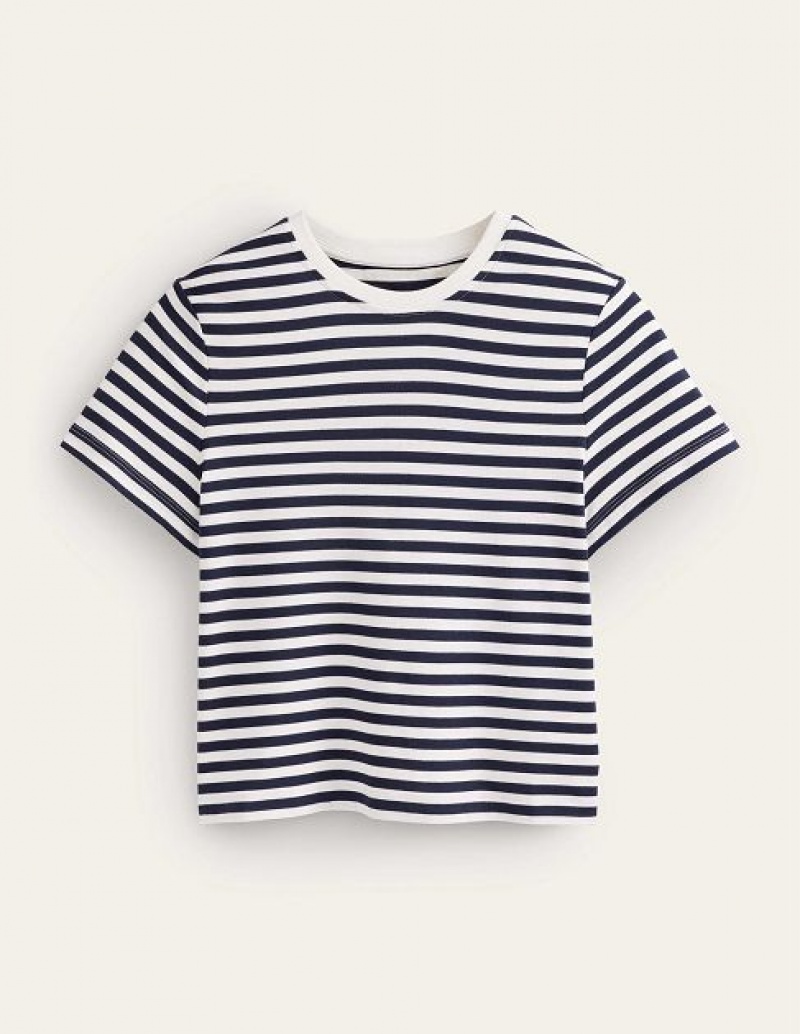 White / Navy Stripes Women's Boden Cropped Cotton T-Shirt | 20378EYQD