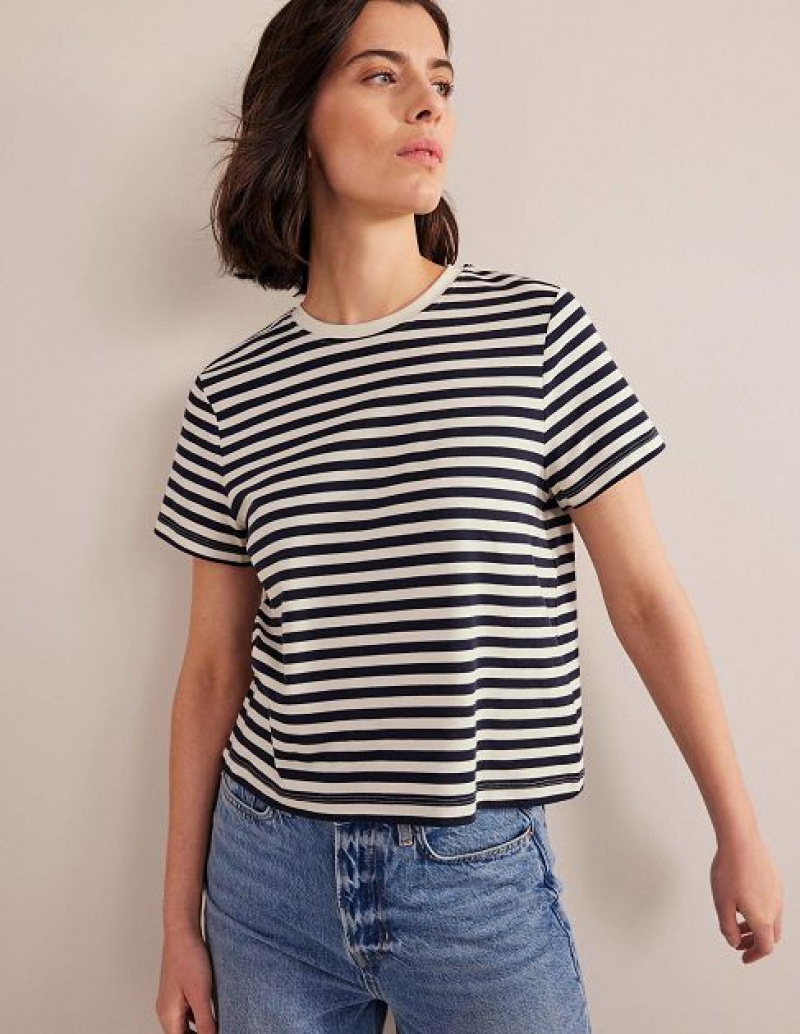 White / Navy Stripes Women\'s Boden Cropped Cotton T-Shirt | 20378EYQD