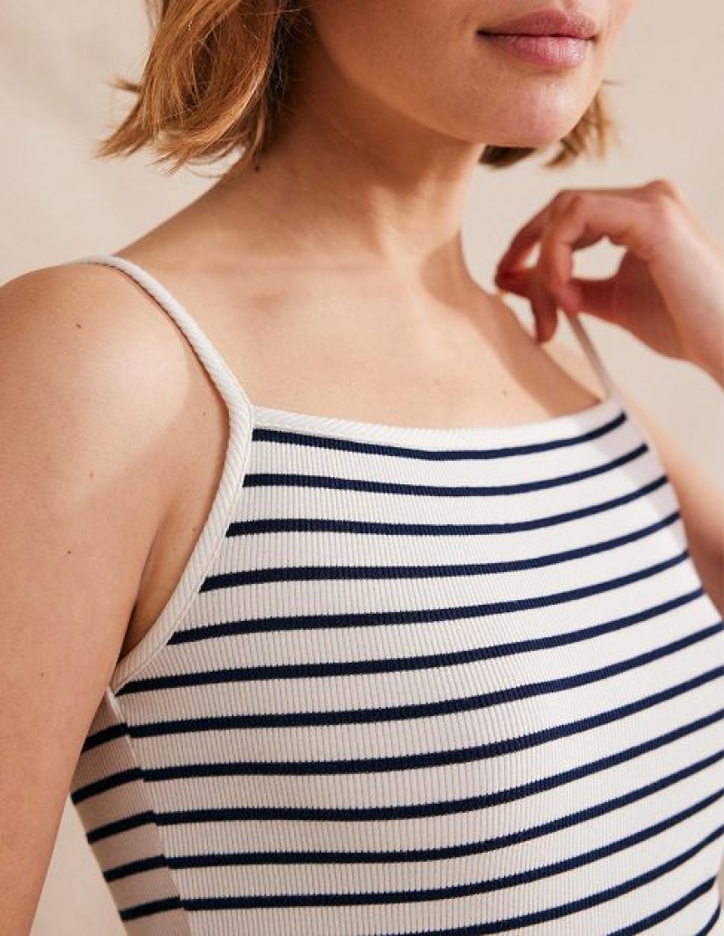 White / Navy Stripes Women's Boden Square Neck Ribbed Tanks | 43279QYGV