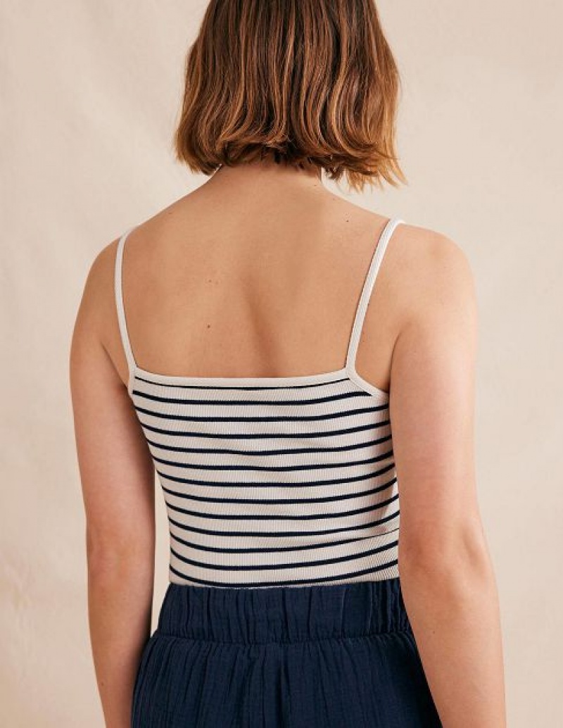 White / Navy Stripes Women's Boden Square Neck Ribbed Tanks | 43279QYGV