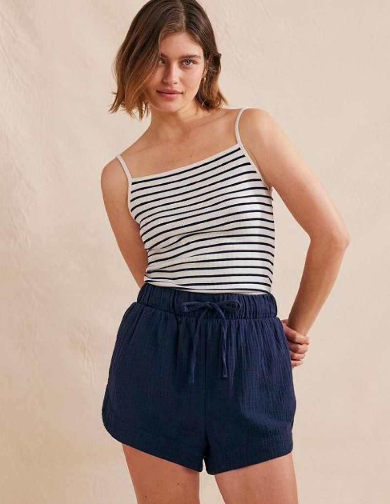 White / Navy Stripes Women's Boden Square Neck Ribbed Tanks | 43279QYGV