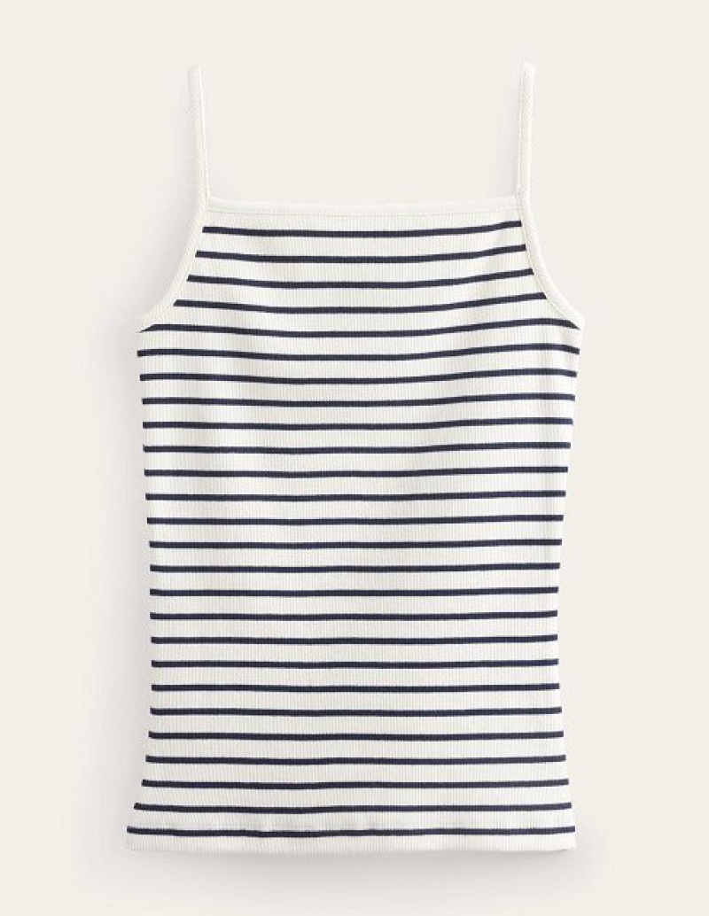 White / Navy Stripes Women's Boden Square Neck Ribbed Tanks | 43279QYGV