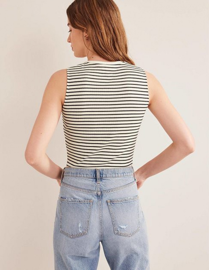 White / Navy Stripes Women's Boden Striped Ribbed Tanks | 26379VBWK