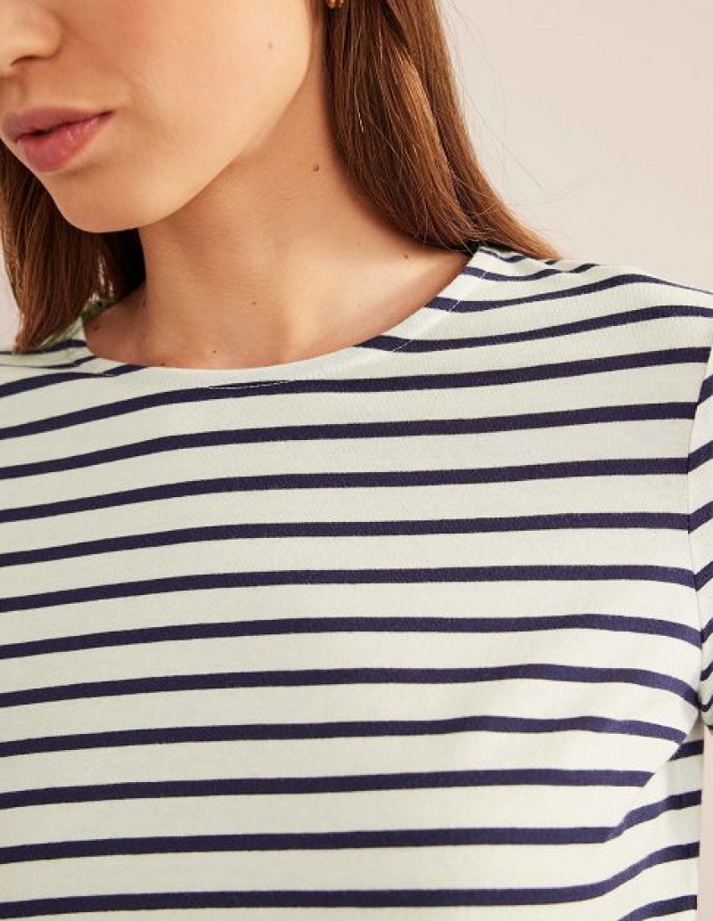 White / Navy Women's Boden Bea Long Sleeve Breton T-Shirt | 61759VOHI