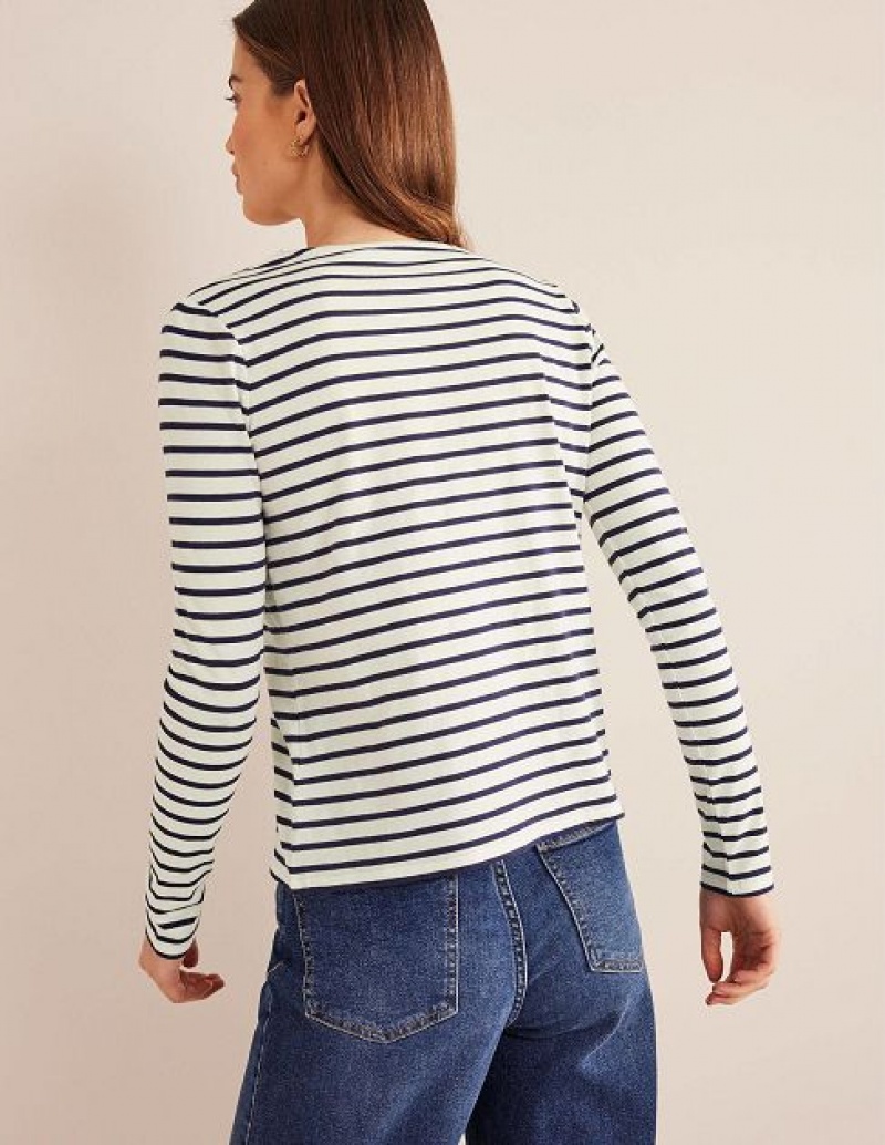 White / Navy Women's Boden Bea Long Sleeve Breton T-Shirt | 61759VOHI