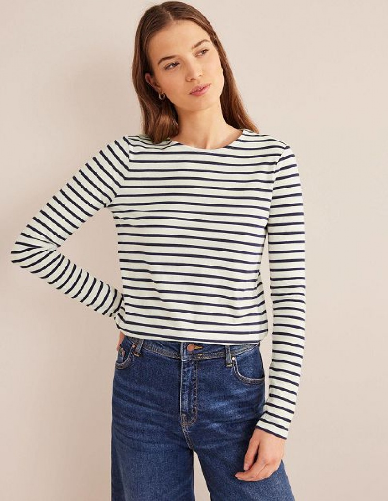 White / Navy Women's Boden Bea Long Sleeve Breton T-Shirt | 61759VOHI