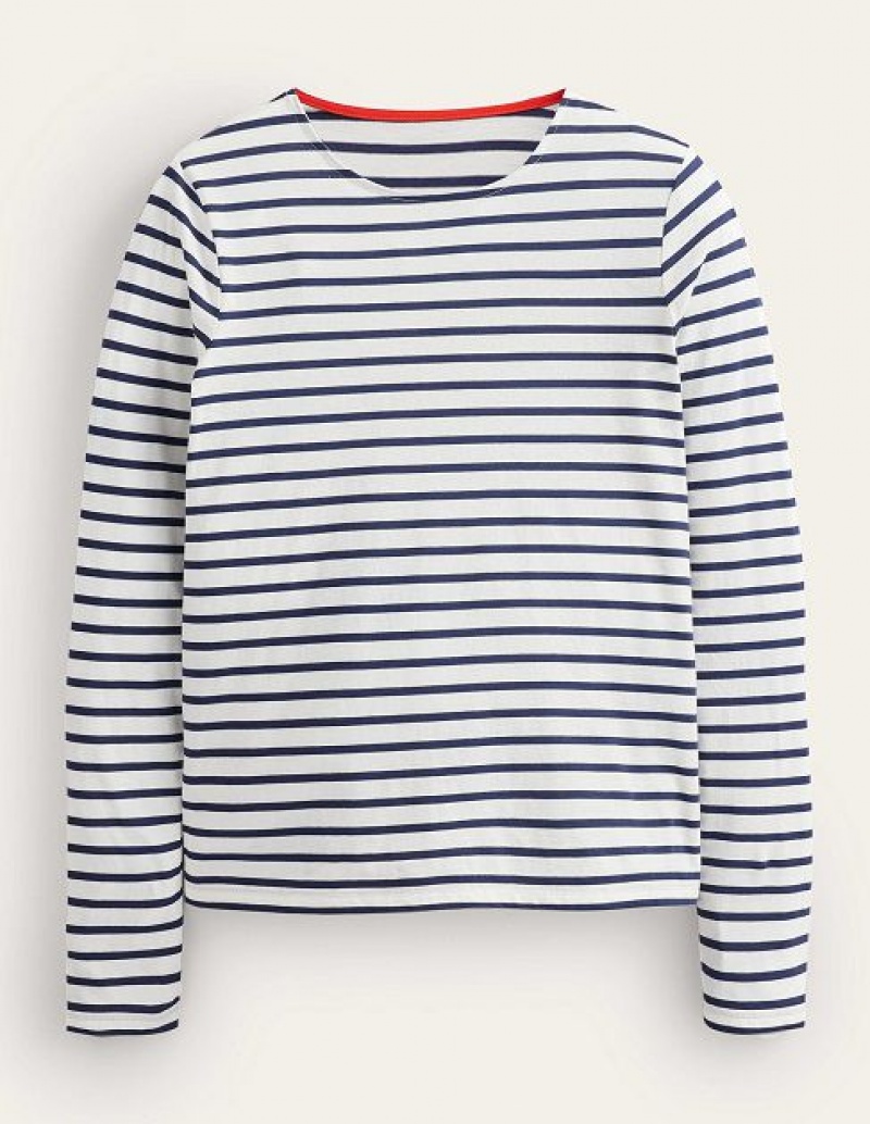 White / Navy Women's Boden Bea Long Sleeve Breton T-Shirt | 61759VOHI