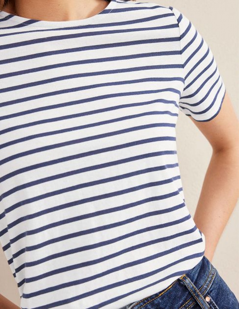 White / Navy Women's Boden Bea Short Sleeve Breton T-Shirt | 07851GPQH