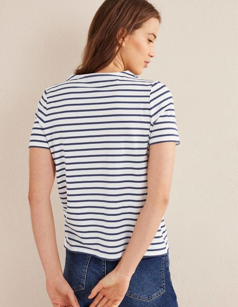 White / Navy Women's Boden Bea Short Sleeve Breton T-Shirt | 07851GPQH