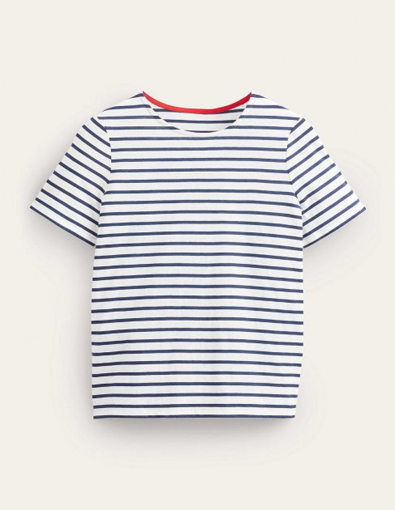 White / Navy Women's Boden Bea Short Sleeve Breton T-Shirt | 07851GPQH