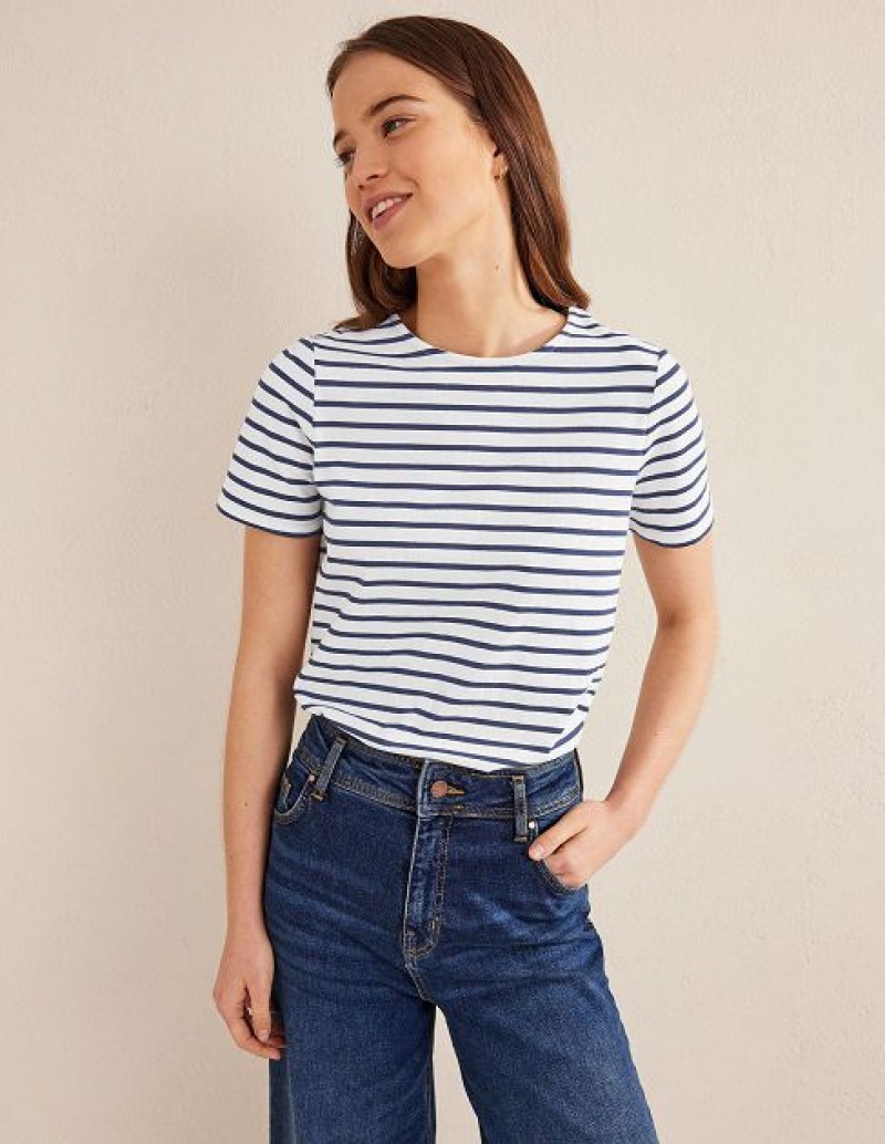 White / Navy Women\'s Boden Bea Short Sleeve Breton T-Shirt | 07851GPQH