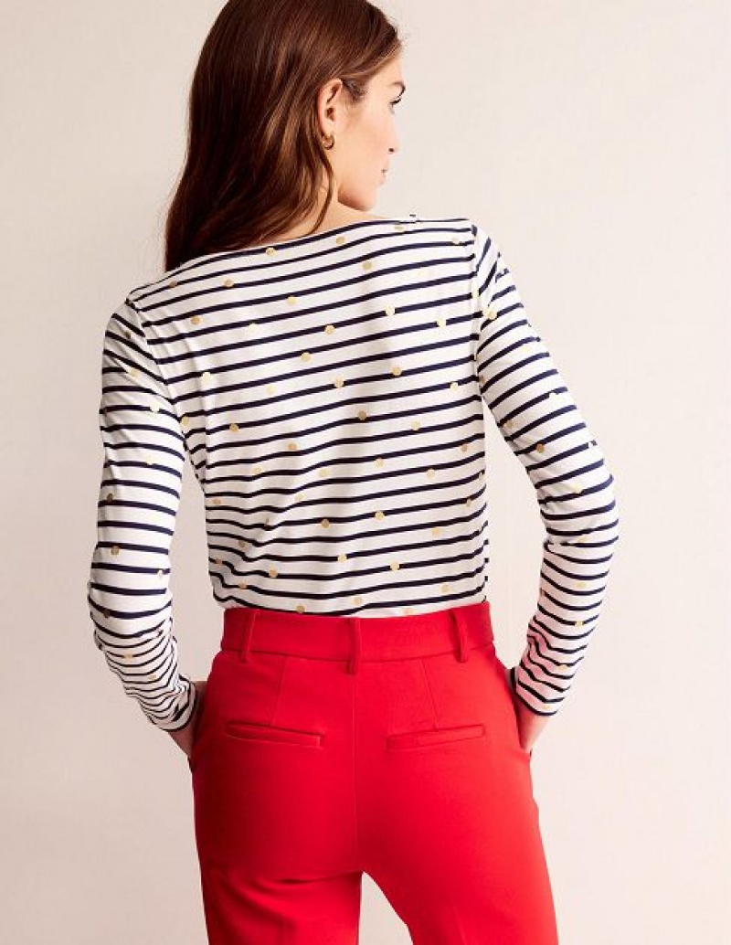 White / Navy Women's Boden Ella Long Sleeve Breton T-Shirt | 24985TVKW