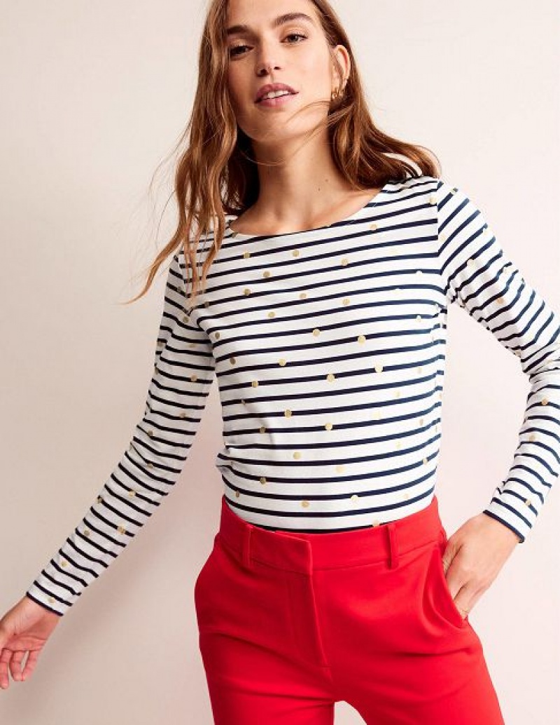 White / Navy Women's Boden Ella Long Sleeve Breton T-Shirt | 24985TVKW