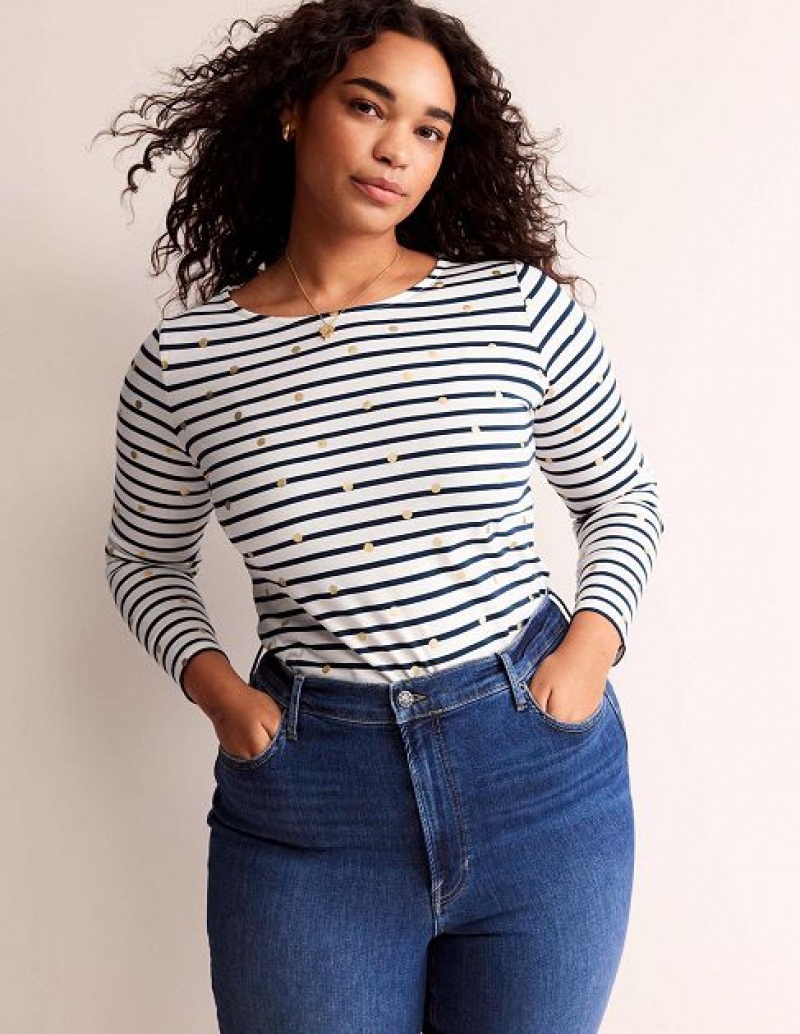 White / Navy Women's Boden Ella Long Sleeve Breton T-Shirt | 24985TVKW